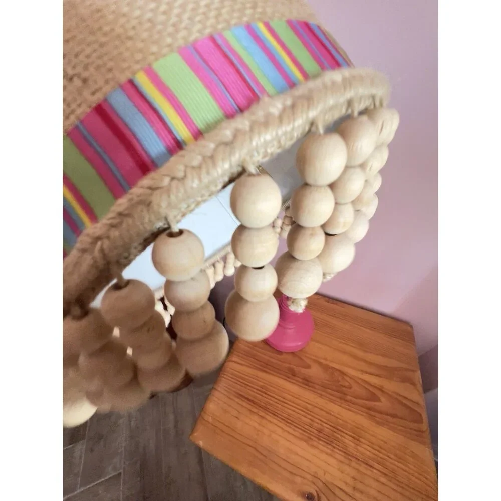 Custom Lamp Tall Burlap Shade Wood Beads Pink Unique Designer 25